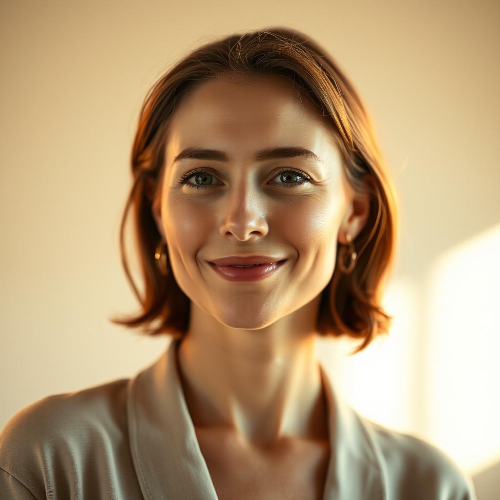 A 35-year-old woman with light skin, embodying a natural style and minimal makeup