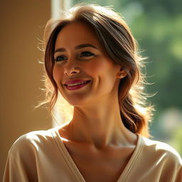 A 35-year-old woman with light skin, embodying a natural style and minimal makeup