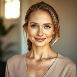 A 35-year-old woman with light skin, presenting a natural style characterized by minimal makeup