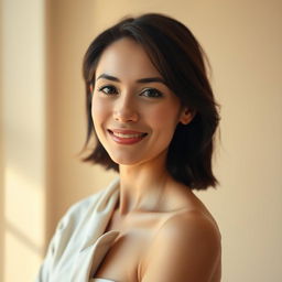 A 35-year-old woman with light skin, presenting a natural style characterized by minimal makeup