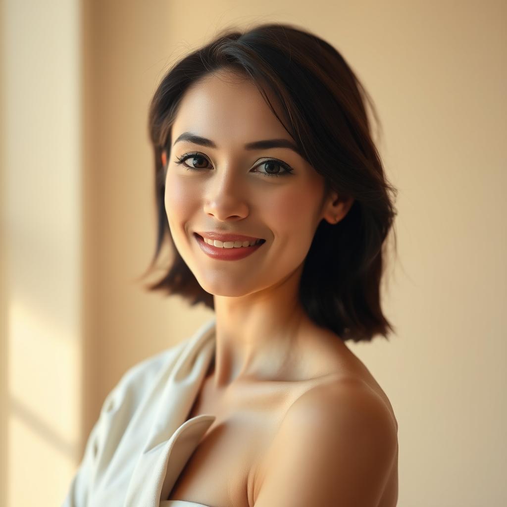 A 35-year-old woman with light skin, presenting a natural style characterized by minimal makeup