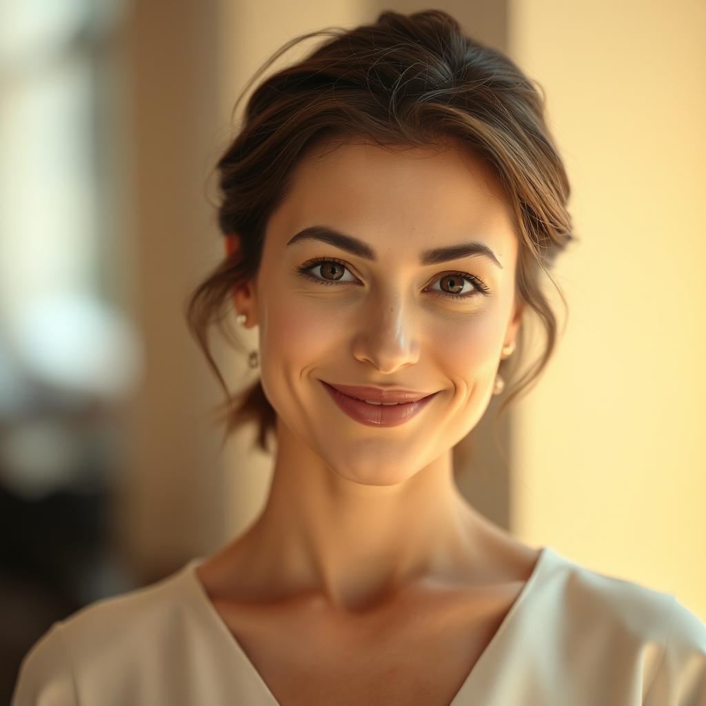 A 35-year-old woman with light skin, showcasing a natural style with minimal makeup