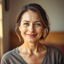 A 35-year-old woman with light skin, embodying a natural style with minimal makeup