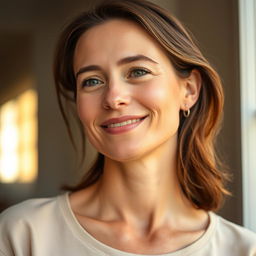 A 35-year-old woman with light skin, embodying a natural style with minimal makeup