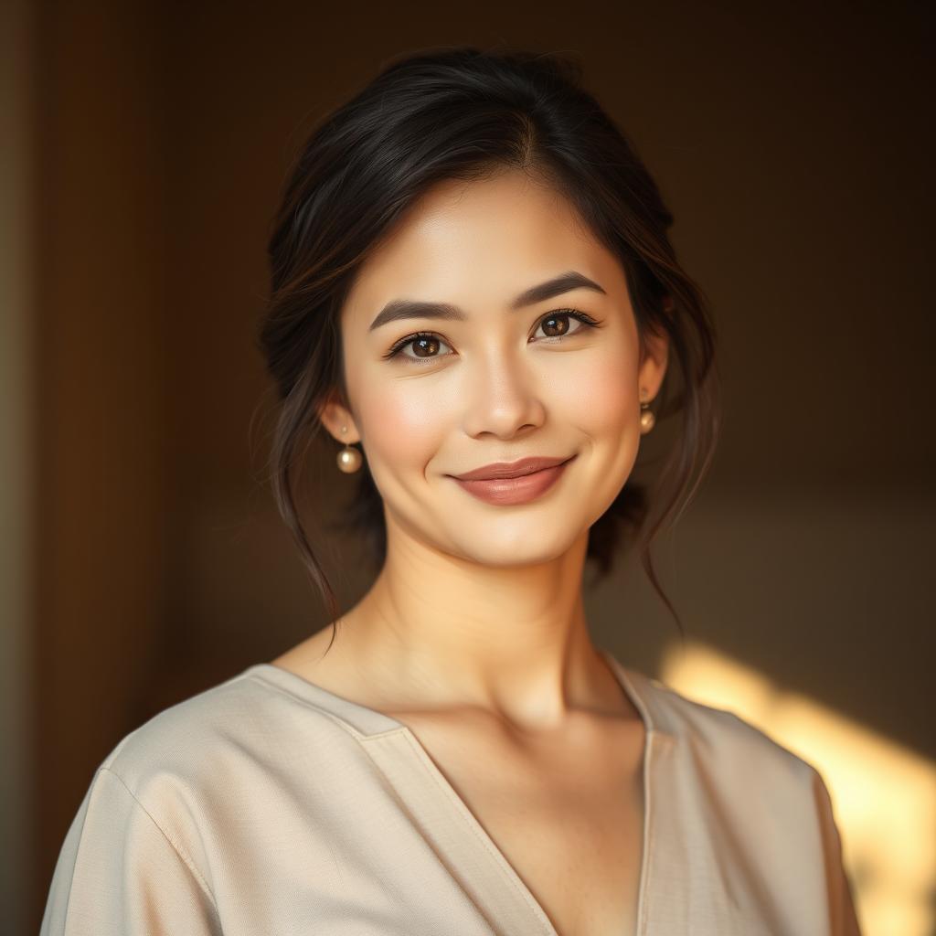 A 35-year-old woman with light skin, exemplifying a natural style with minimal makeup