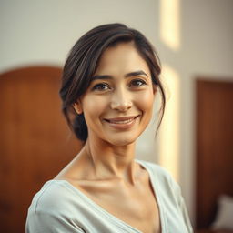 A 35-year-old woman with light skin, exemplifying a natural style with minimal makeup