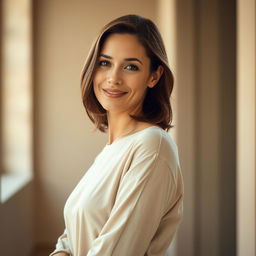 A 35-year-old woman with light skin, exemplifying a natural style with minimal makeup