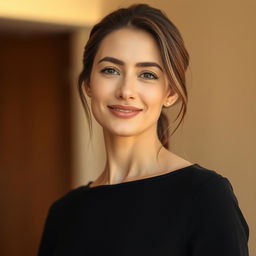 A 35-year-old woman with light skin, portraying a natural style with minimal makeup