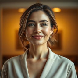 A 35-year-old woman with light skin, portraying a natural style with minimal makeup