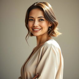 A 35-year-old woman with light skin, showcasing a natural style and minimal makeup