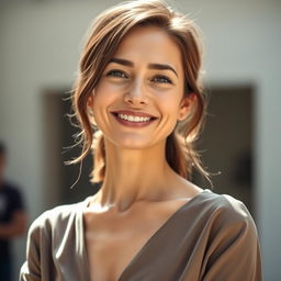 A 35-year-old woman with light skin, showcasing a natural style and minimal makeup