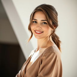 A 35-year-old woman with light skin, showcasing a natural style and minimal makeup