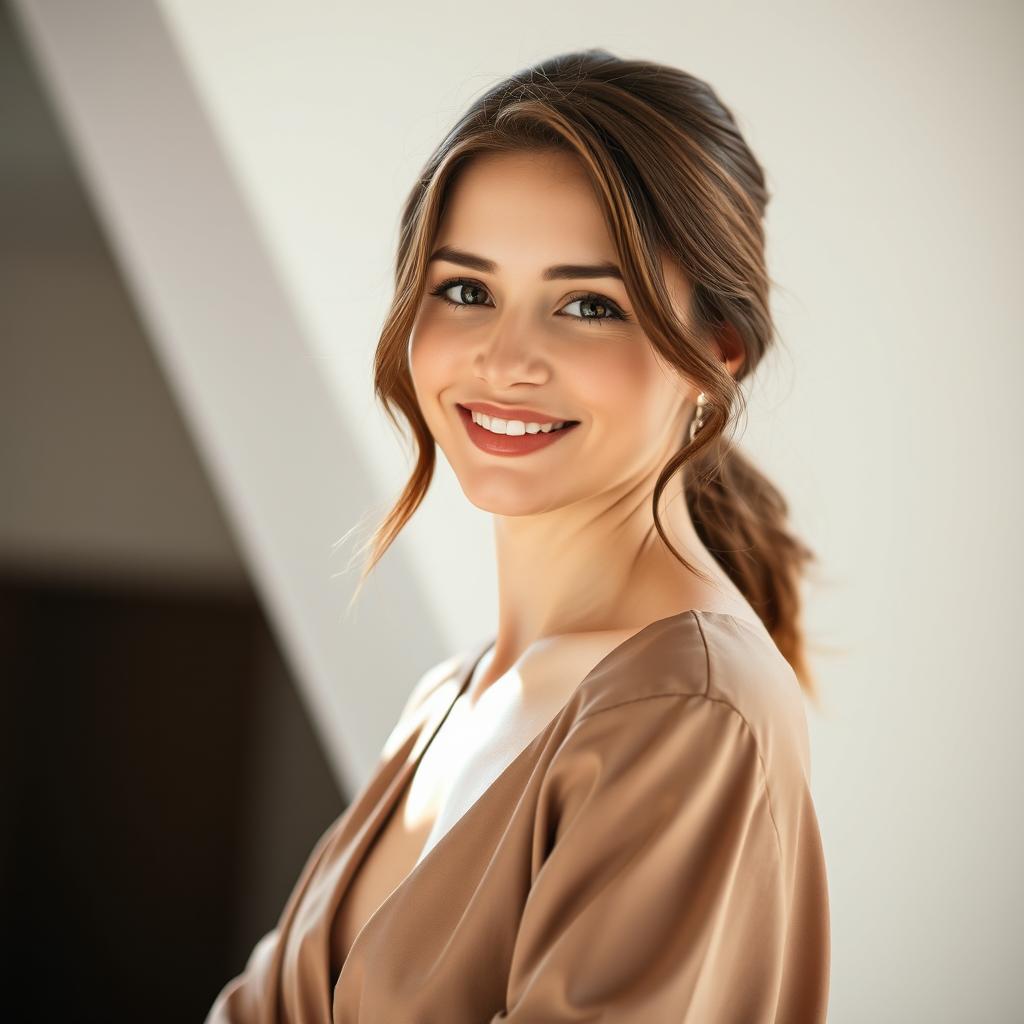 A 35-year-old woman with light skin, showcasing a natural style and minimal makeup