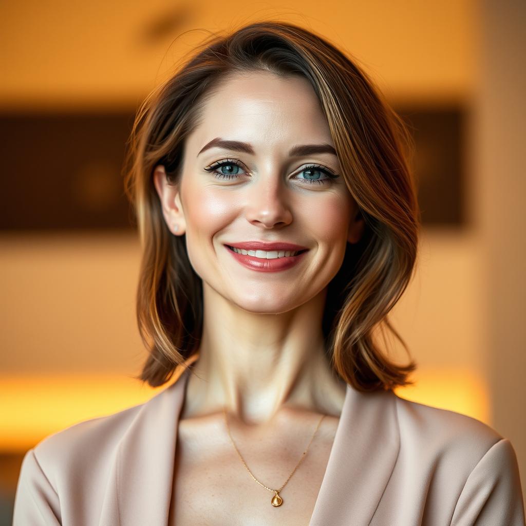 A 35-year-old woman with light skin, showcasing a natural style with minimal makeup