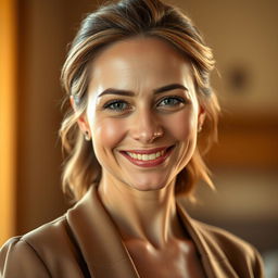 A 35-year-old woman with light skin, showcasing a natural style with minimal makeup