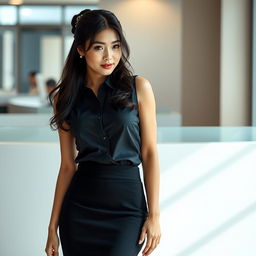 A sexy and beautiful 30-year-old Asian secretary in a sexy office outfit, featuring a fitted skirt and a sleeveless shirt