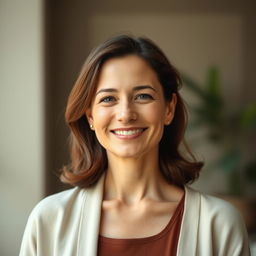 A 35-year-old woman with light skin, embodying a natural style and minimal makeup