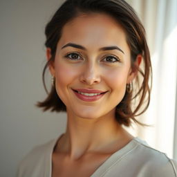 A 35-year-old woman with light skin, embodying a natural style and minimal makeup