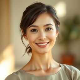 A 35-year-old woman with light skin, embodying a natural style and minimal makeup