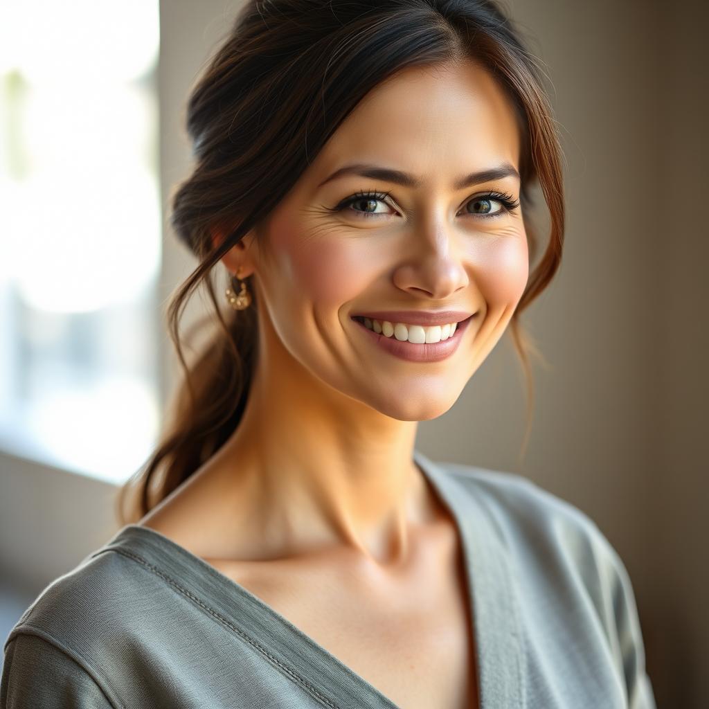 A 35-year-old woman with light skin, embodying a natural style and minimal makeup