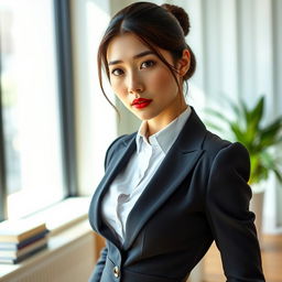 A sexy and beautiful 30-year-old Asian secretary dressed in a sexy office outfit, featuring a fitted skirt
