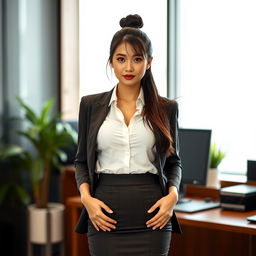 A sexy and beautiful 30-year-old Asian secretary dressed in a sexy office outfit, featuring a fitted skirt
