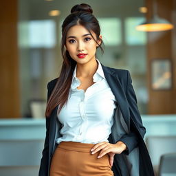 A sexy and beautiful 30-year-old Asian secretary dressed in a sexy office outfit, featuring a fitted skirt