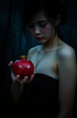 Aesthetic scene featuring a teenage girl holding a pomegranate, with blood dripping from her hand