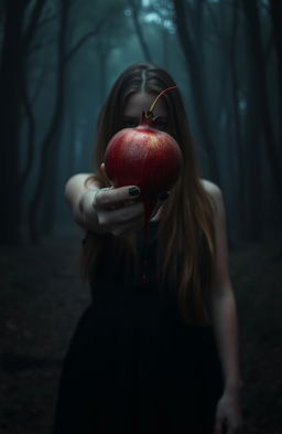 Aesthetic scene featuring a teenage girl holding a pomegranate, with blood dripping from her hand