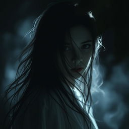 A hauntingly beautiful image of a girl ghost, her ethereal features partially obscured by flowing strands of dark hair that cascade across her face