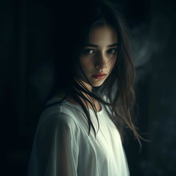 A hauntingly beautiful image of a girl ghost, her ethereal features partially obscured by flowing strands of dark hair that cascade across her face