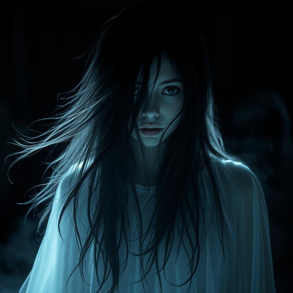 A hauntingly beautiful image of a girl ghost, her ethereal features partially obscured by flowing strands of dark hair that cascade across her face