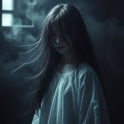 A hauntingly beautiful image of a girl ghost, her ethereal features partially obscured by flowing strands of dark hair that cascade across her face
