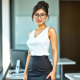 A sexy and beautiful 30-year-old Asian secretary in a sexy office outfit, featuring a fitted skirt, stylish glasses, and a sleeveless top