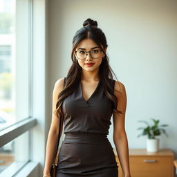 A sexy and beautiful 30-year-old Asian secretary in a sexy office outfit, featuring a fitted skirt, stylish glasses, and a sleeveless top
