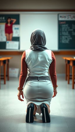 A seductive 40-year-old Japanese classroom teacher wearing a hijab, showcasing her attractive features with white skin, large breasts, and a curvy large ass