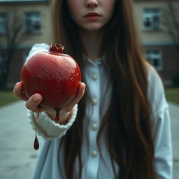 Aesthetic scene featuring a teenage girl holding a pomegranate, with blood dripping from her hand