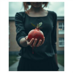 Aesthetic scene featuring a teenage girl holding a pomegranate, with blood dripping from her hand