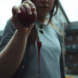 Aesthetic scene featuring a teenage girl holding a pomegranate, with blood dripping from her hand