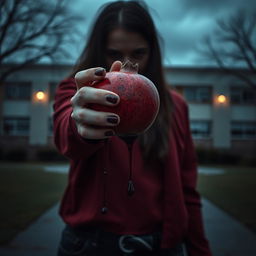 Aesthetic scene featuring a teenage girl holding a pomegranate, with blood dripping from her hand