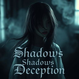 A hauntingly beautiful image of a girl ghost, her ethereal features partially obscured by flowing strands of dark hair that cascade across her face