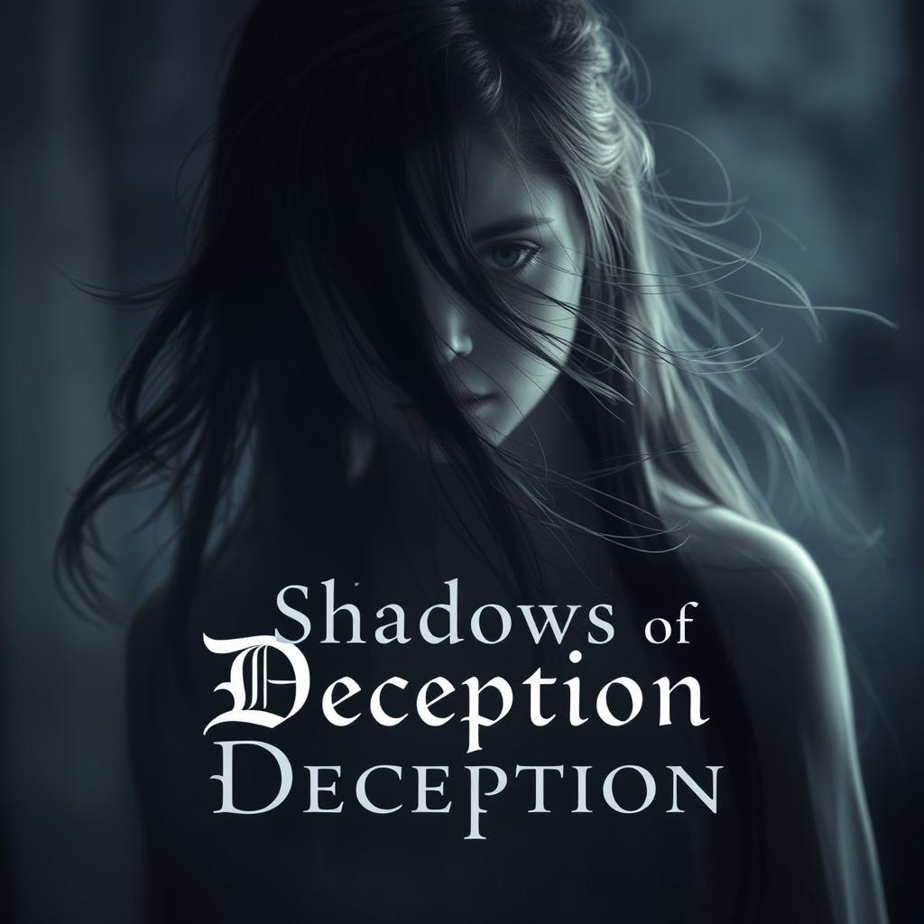 A hauntingly beautiful image of a girl ghost, her ethereal features partially obscured by flowing strands of dark hair that cascade across her face