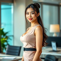 A sexy and beautiful 30-year-old Asian secretary in a sexy office outfit, featuring a fitted skirt and a sleeveless top