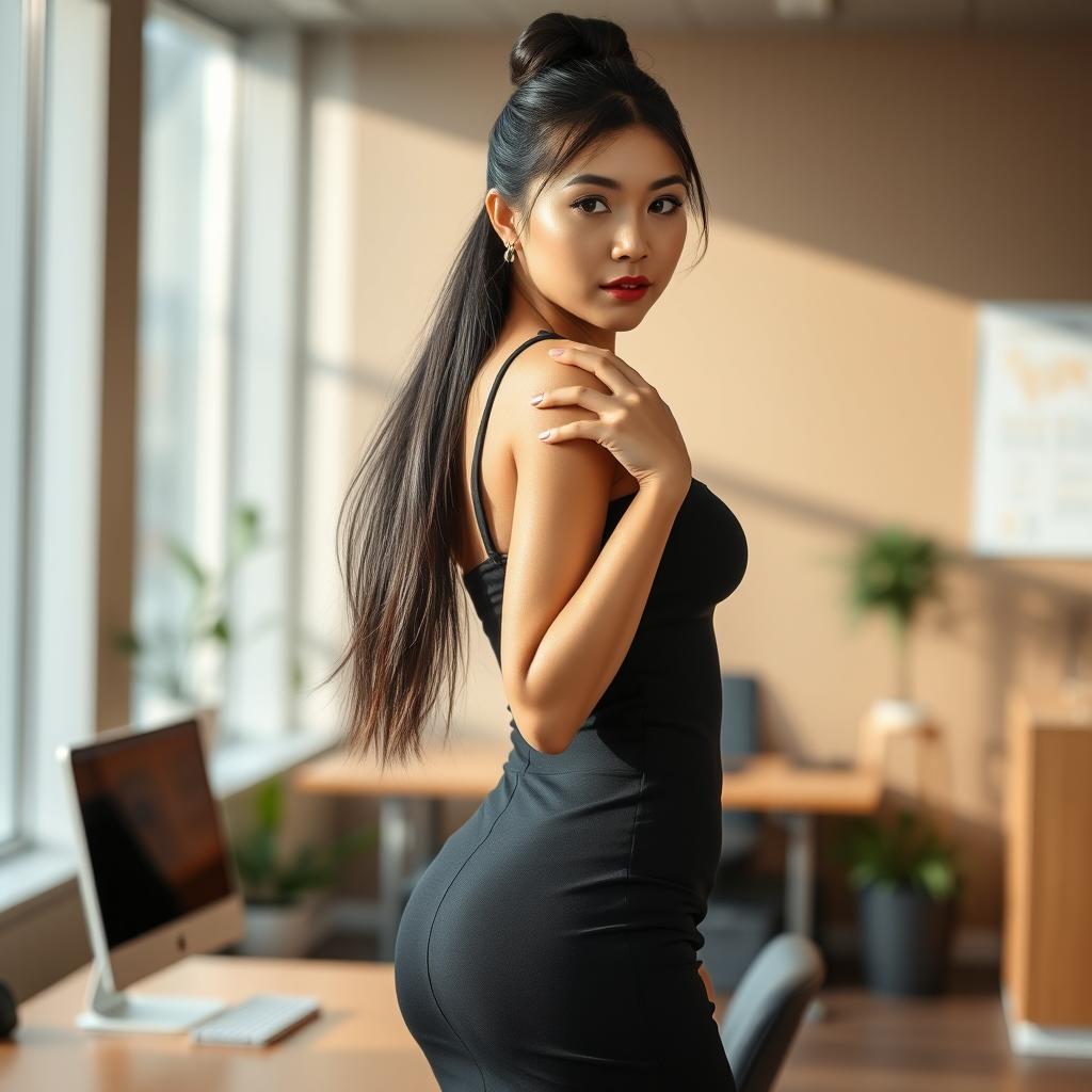 A sexy and beautiful 30-year-old Asian secretary in a sexy office outfit, featuring a fitted skirt and a sleeveless top