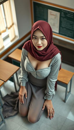 A seductive 40-year-old Japanese classroom teacher wearing a hijab, characterized by her white skin, large breasts, and curvaceous large ass