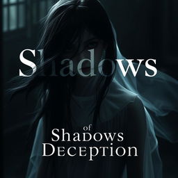 A hauntingly beautiful image of a girl ghost, her ethereal features partially obscured by flowing strands of dark hair that cascade across her face