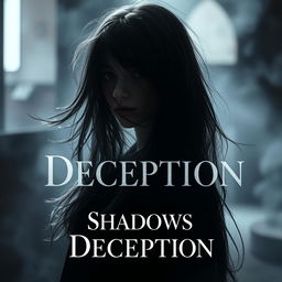 A hauntingly beautiful image of a girl ghost, her ethereal features partially obscured by flowing strands of dark hair that cascade across her face