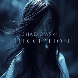 A hauntingly beautiful image of a girl ghost, her ethereal features partially obscured by flowing strands of dark hair that cascade across her face