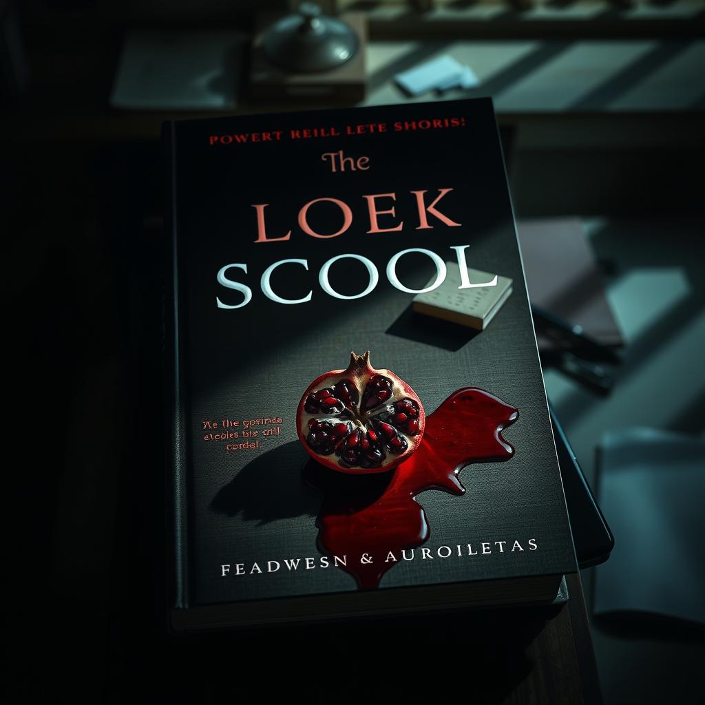 A cover image for a book featuring a pomegranate and blood spilled on a school desk