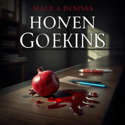 A cover image for a book featuring a pomegranate and blood spilled on a school desk